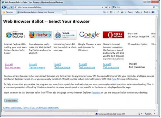 Pantalla propuesta por Microsoft para seleccionar un navegador