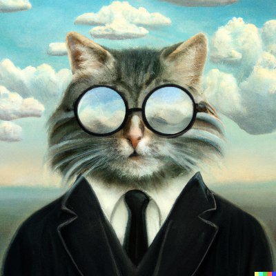 A portrait painting of a grey cat wearing glasses, a tie, and a black suit against a horizon background with clouds.